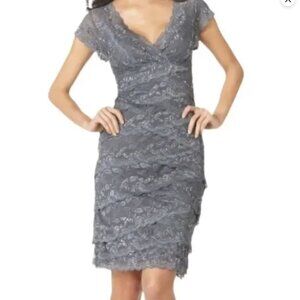 MARINA Cap Sleeve Tiered Lace Midi Bodycon Gray Sequin Dress Petite Sz 2